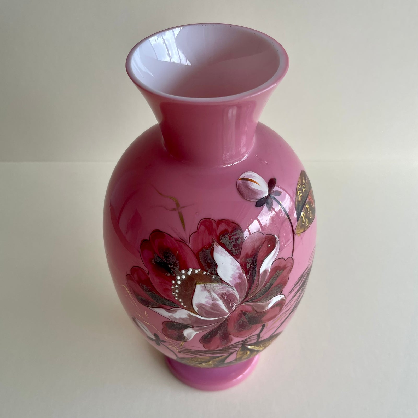 Antique Grey Glass Vase with Hand Painted with Multicolor Flowers and Dragonfly Victorian 1800's offers Original Opaline